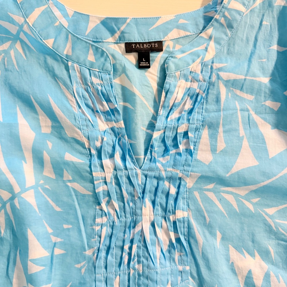 Talbots Womens Blue White Palm Leaf Print Pintuck Cotton Tunic Top Large L - Picture 6 of 6